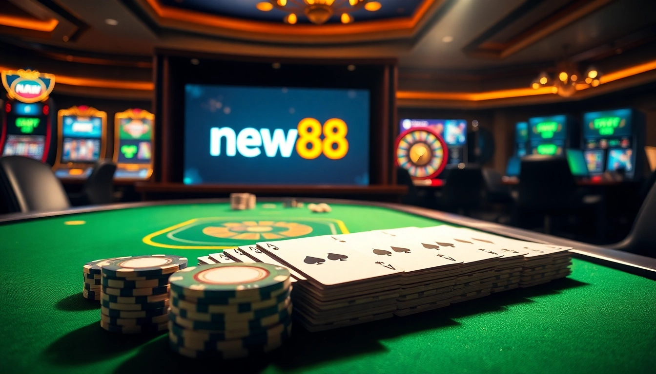 Enjoying a thrilling game at new88's online casino table with vibrant chips and cards.