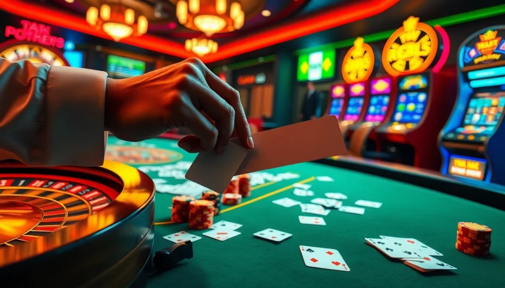 Exciting gambling scene featuring 소액결제 at a high-stakes poker table with chips and cards.