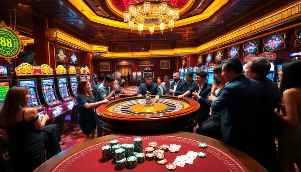 Experience the thrill of five88 win at a vibrant casino with roulette and slot machines.
