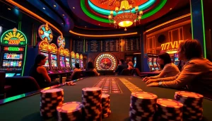 Experience the excitement of 777VIP gaming with a luxurious casino scene featuring poker, slots, and roulette.