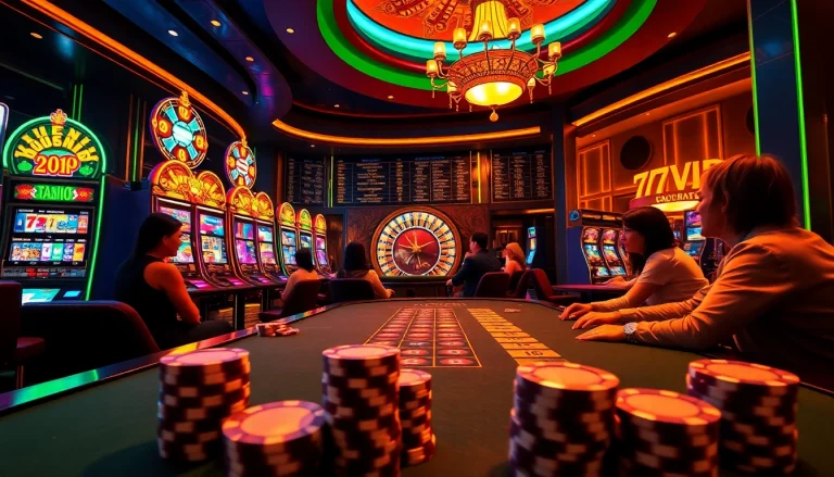 Experience the excitement of 777VIP gaming with a luxurious casino scene featuring poker, slots, and roulette.