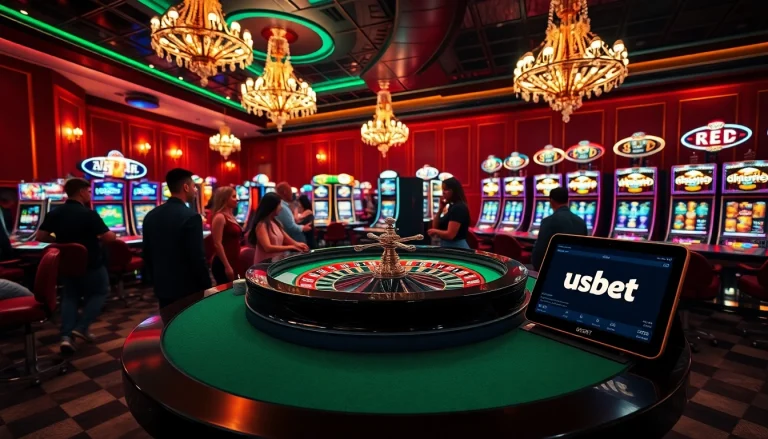 Engage in thrilling gambling action at a professional casino scene with usbet interfaces, featuring roulette and slot machines.