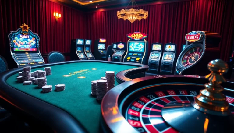 Experience the excitement of gambling at gem88.buzz with an exquisite online casino setup featuring poker chips and slot machines.