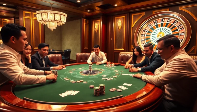 Players enjoy an intense poker game at a luxurious casino table, showcasing the excitement of XX88 COM.
