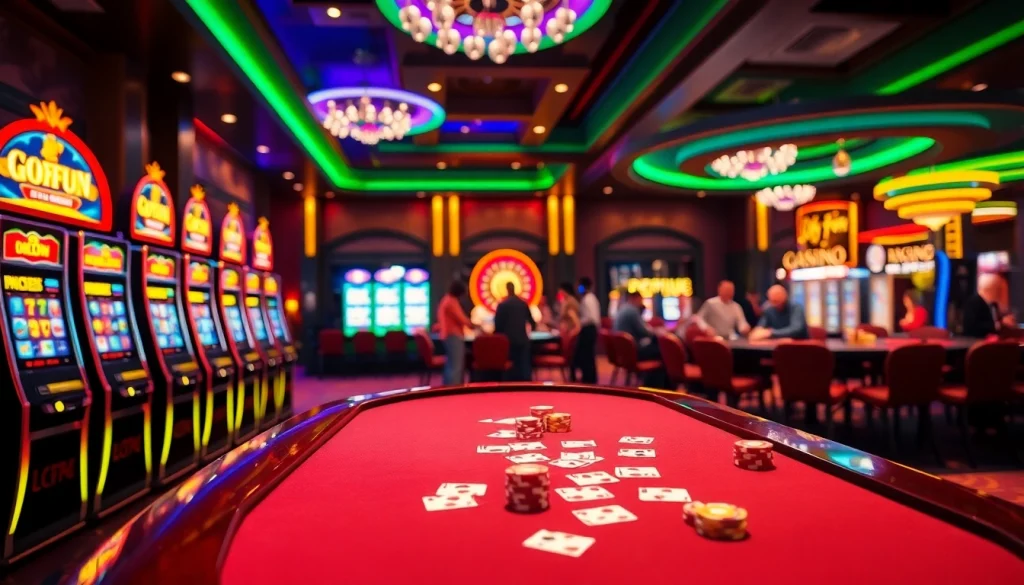 Experience the thrilling OKFUN game at a luxurious casino setting with poker tables and slot machines.