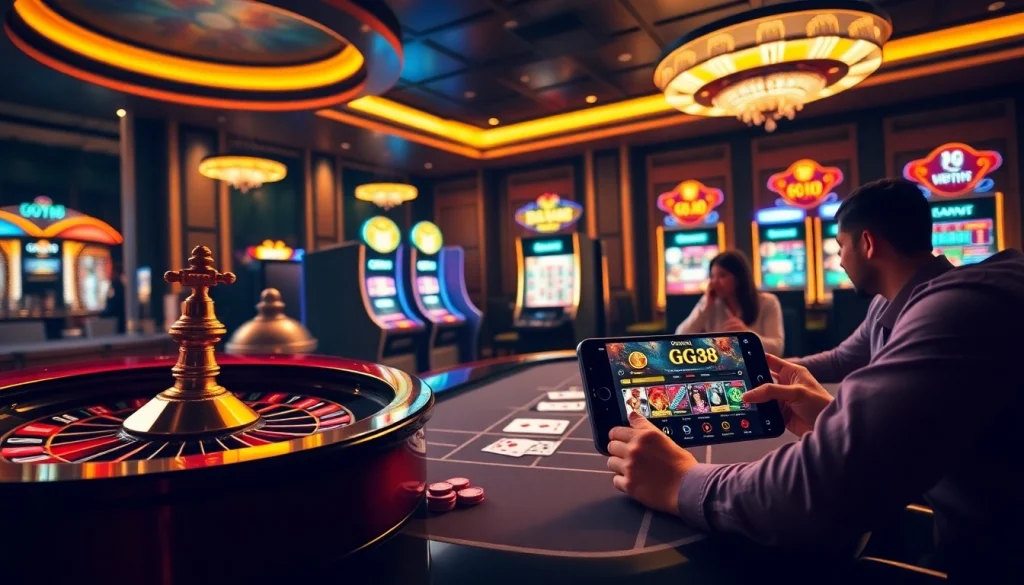 Experience the thrill of gambling at GG88 with vibrant casino visuals of roulette, slots, and poker.