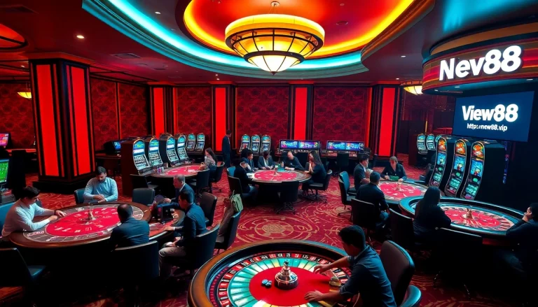 Discover the excitement of https://vnew88.vip/ with vibrant casino gaming tables filled with players.