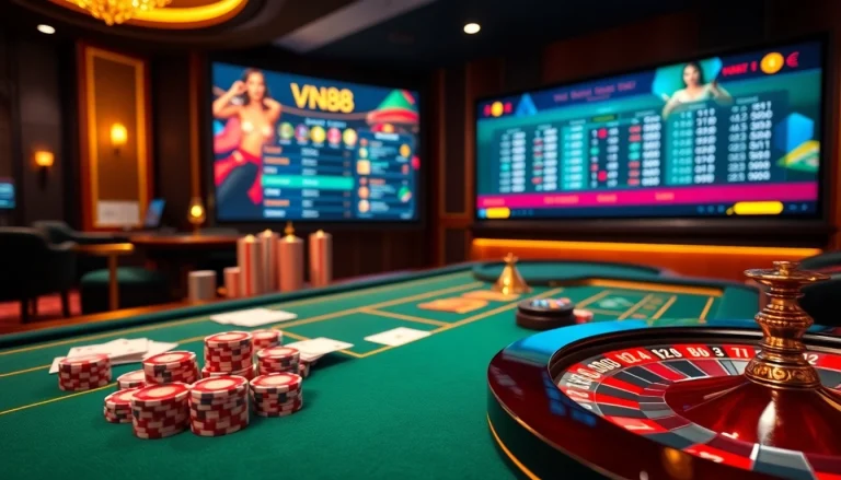 Engage with vn88's professional casino vibe featuring roulette tables and vibrant poker chips.