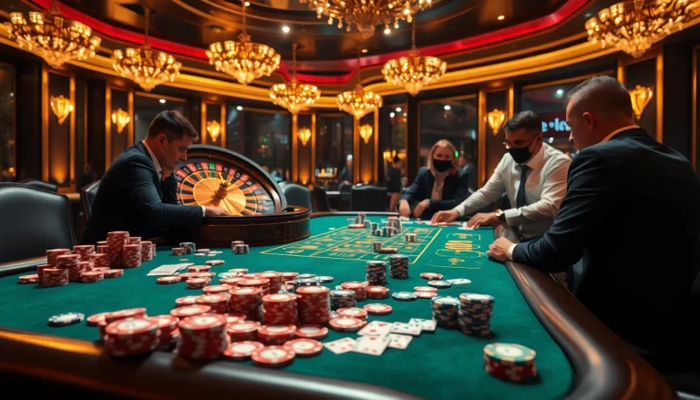 Engaged players betting at a luxurious s8 poker table in an upscale casino.