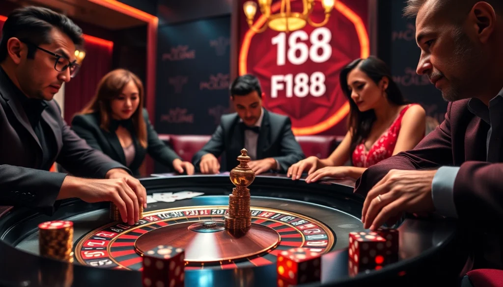 F168 players strategizing over a poker table, capturing excitement in luxury casino gaming.