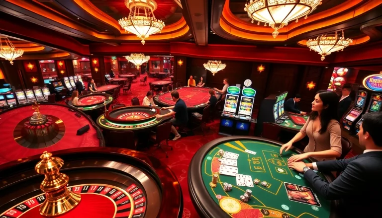 A lively casino scene with players enjoying games at 789win com, showcasing roulette, poker, and slot machines.