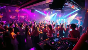 Club sxm nightlife scene with vibrant lights, elegant dancers, and lively patrons.