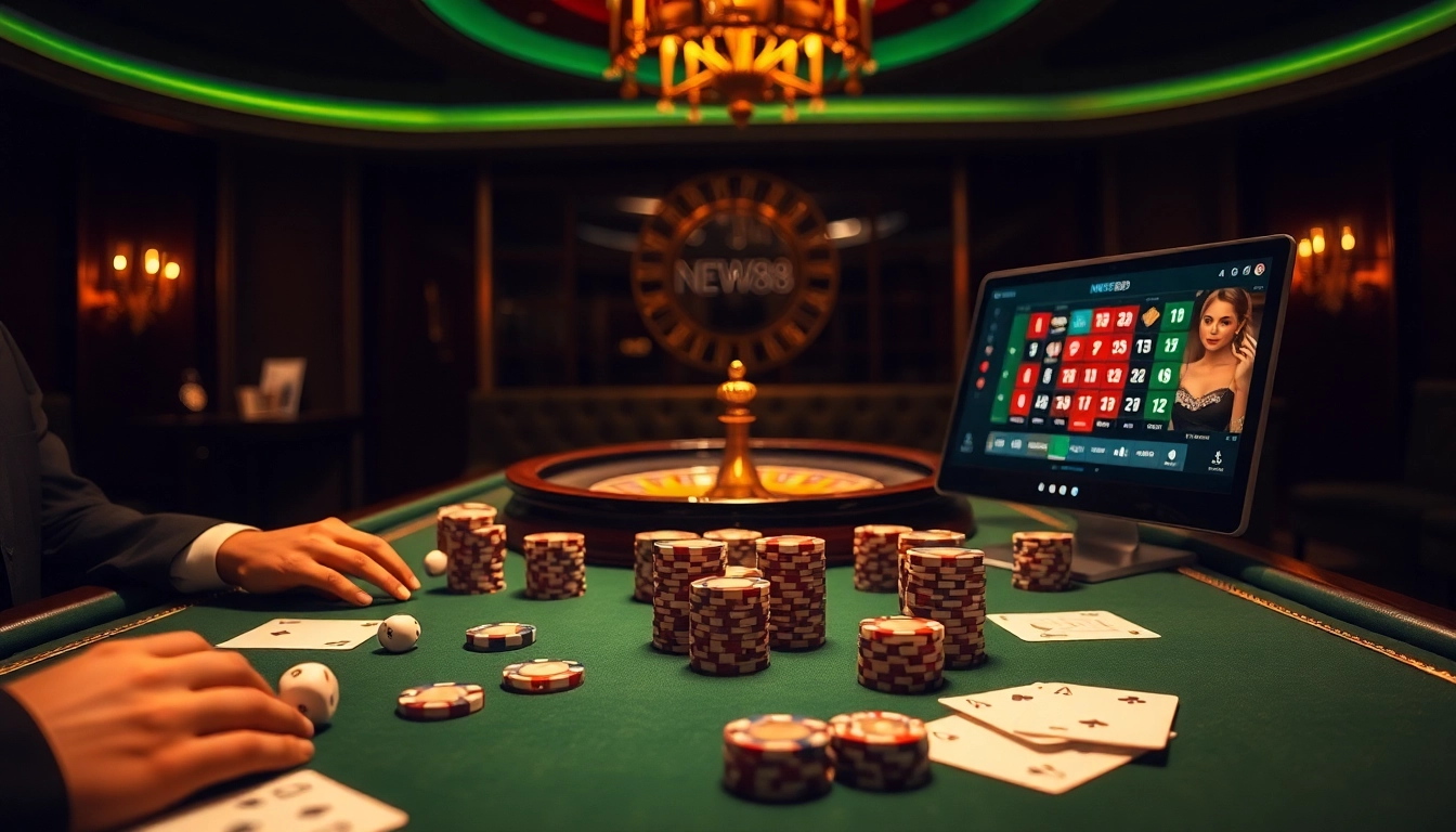 Players enjoying an exciting poker game at NEW88 casino table surrounded by chips and cards.