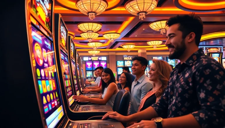 Exciting casino scene featuring doaslot slot machine with diverse players enjoying the vibrant gaming atmosphere.