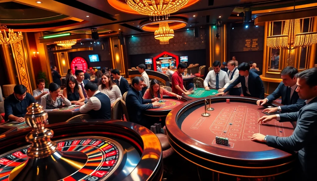 Engaged players strategizing at a lavish casino scene showcasing KP 88 poker chips and a roulette wheel.