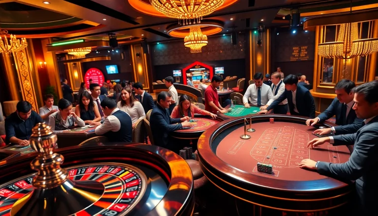 Engaged players strategizing at a lavish casino scene showcasing KP 88 poker chips and a roulette wheel.
