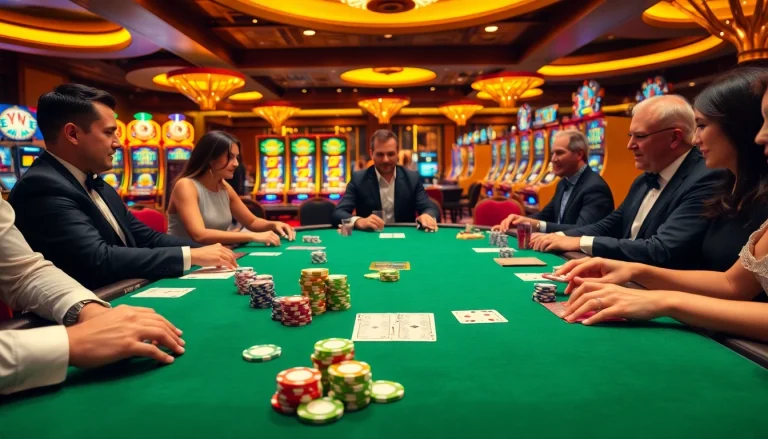Exciting scene of SC88 poker game with colorful chips, high-stakes action, and vibrant casino lights.