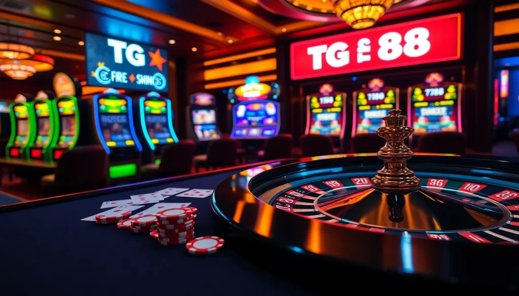 Exciting casino scene with a TG 88 banner amidst poker chips and a roulette wheel.