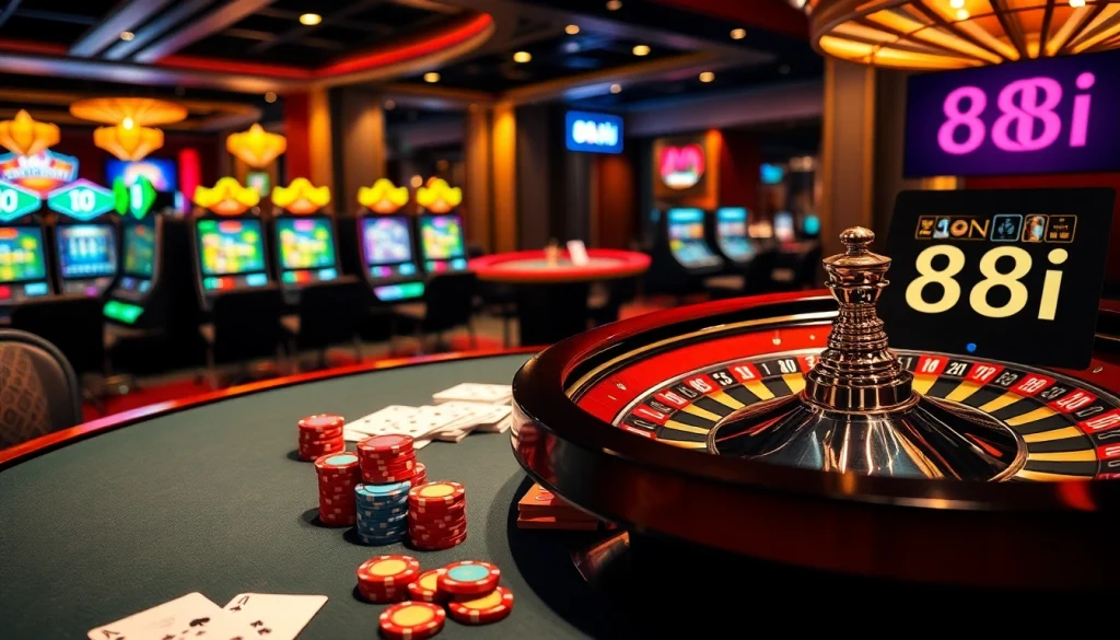 Experience high-stakes excitement at the 88i casino poker table with vibrant chips and cards.