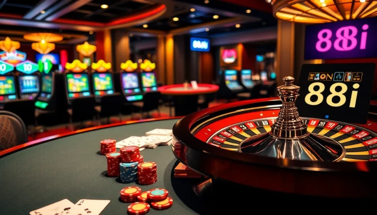 Experience high-stakes excitement at the 88i casino poker table with vibrant chips and cards.