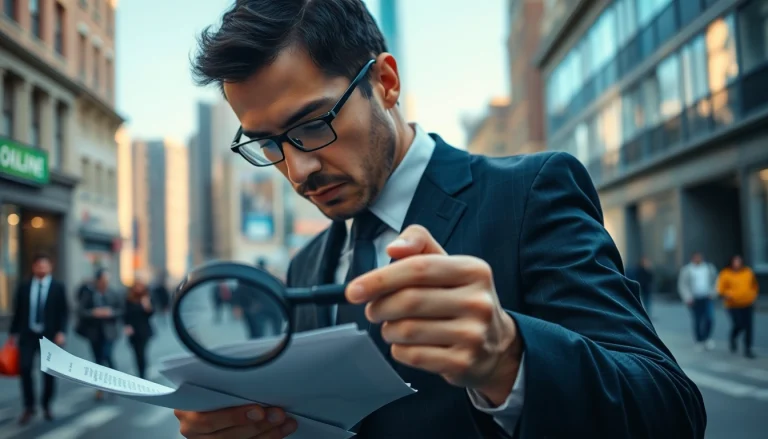A professional investigator analyzing evidence in an urban setting with a magnifying glass.