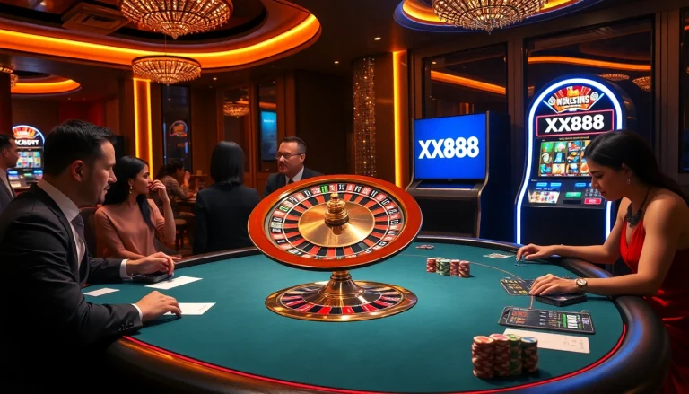 Players enjoying a vibrant gaming experience at XX88 casino with poker and roulette tables.