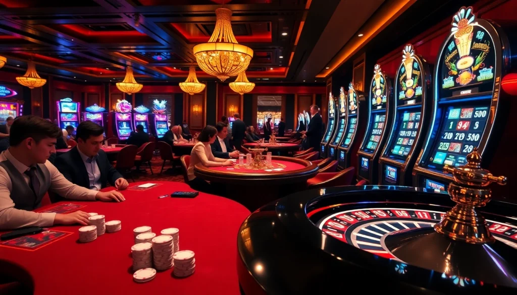 Exciting casino atmosphere at https://sc88.bz/ featuring poker tables and spinning roulette.