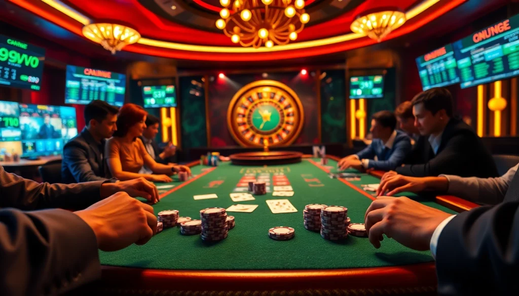 Players engage in high-stakes poker at 69VN casino, surrounded by vibrant chips and cards.