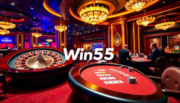 Win55 casino scene with players at roulette and poker, showcasing excitement and luxury.