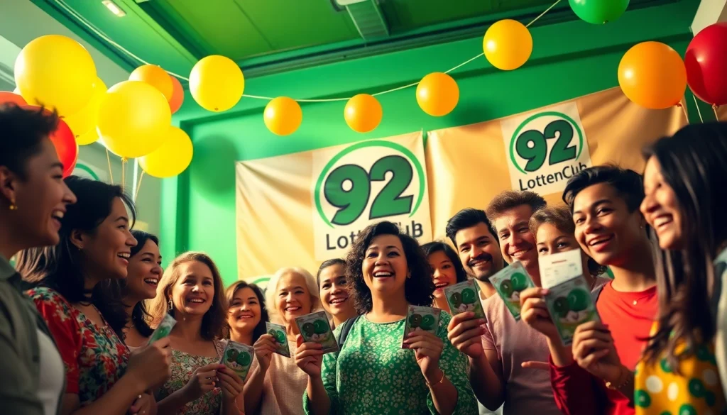Group celebrating at a 92 Lottery Club event, showcasing excitement and community.