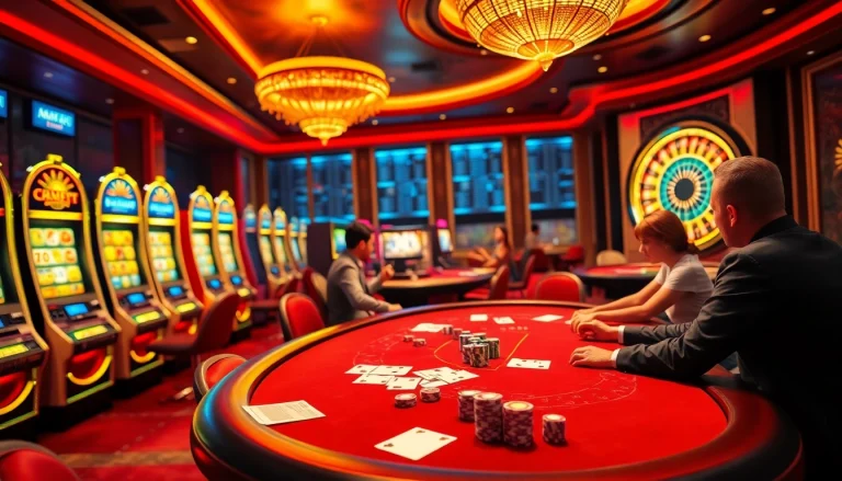 Experience the thrill of tải sunwin with an immersive casino setup showcasing vibrant games and luxurious tables.