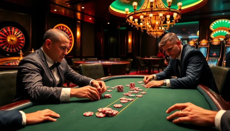 Players enjoying high-stakes poker at a luxurious casino, relevant to rikvip gambling experience.