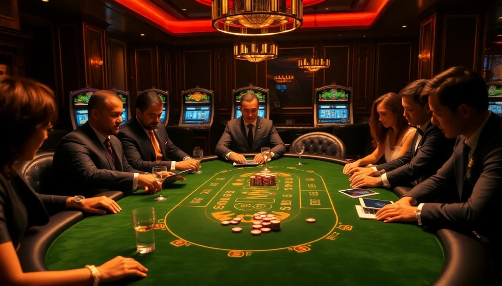 Intense gameplay at Lc88 vip poker table with stylish players, casino ambiance.