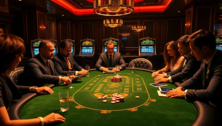 Intense gameplay at Lc88 vip poker table with stylish players, casino ambiance.