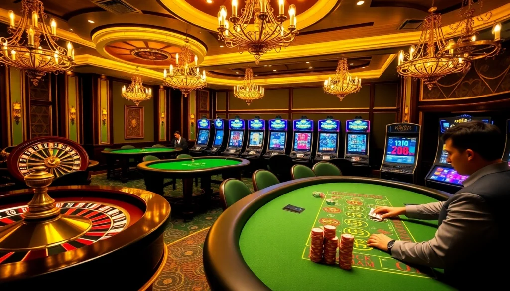 Experience the thrill of 'hello 88' at a luxurious casino with vibrant gaming tables and slot machines.