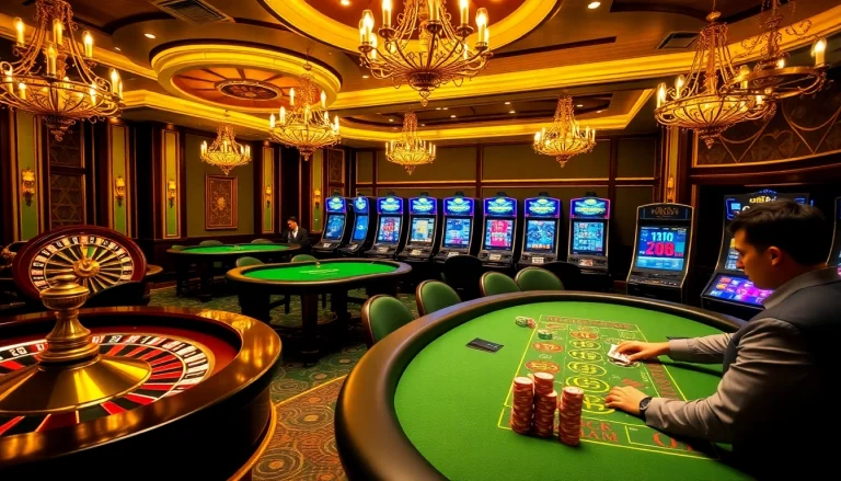 Experience the thrill of 'hello 88' at a luxurious casino with vibrant gaming tables and slot machines.