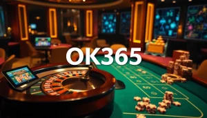 Engaging players at OK365 with a vibrant casino scene featuring poker tables and roulette wheels.