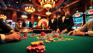 Players engage at the HITCLUB poker table in a luxurious casino setting filled with excitement.