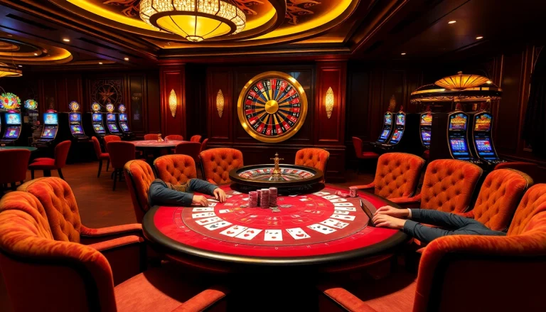 A thrilling gaming scene at https://king882026.com/ with a vibrant poker table and roulette wheel.