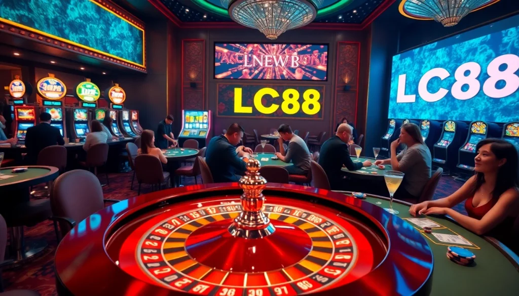 Engaging casino scene with players and gambling elements, highlighting LC88 excitement.