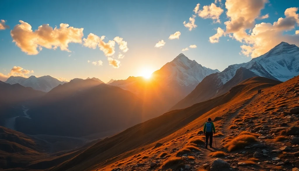 Stunning sunrise over Everest Base Camp trek packages showcasing trekkers amidst majestic peaks.