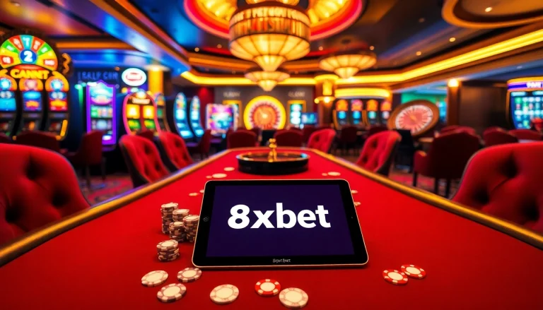 Experience the thrill of gambling with 8xbet tải at a luxurious poker table in a vibrant casino.