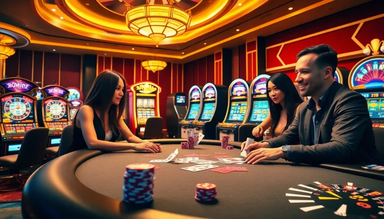 Experience the excitement of Nhà cái uy tín Luckywin in a luxurious casino setting filled with poker tables and vibrant slot machines.
