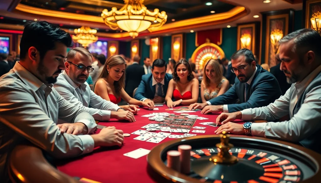 Engaged players at a high-stakes poker table showcasing thrilling action at https://okking.group/ casino scene.