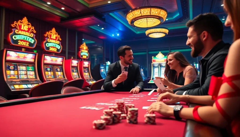 Experience the thrill of XXX games with players at a luxurious casino table, surrounded by vibrant slot machines.