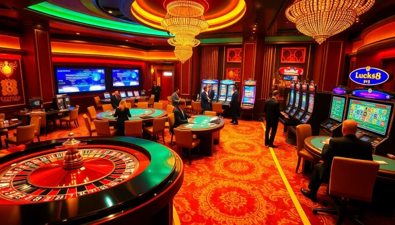 Players enjoying a high-stakes game at Luck8 casino, featuring roulette and poker tables amid luxurious decor.