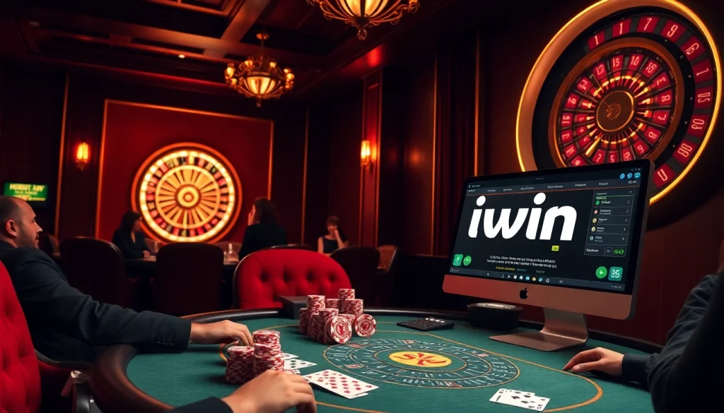 Players enjoying exhilarating iwin casino games at a glamorous poker table with colorful chips.