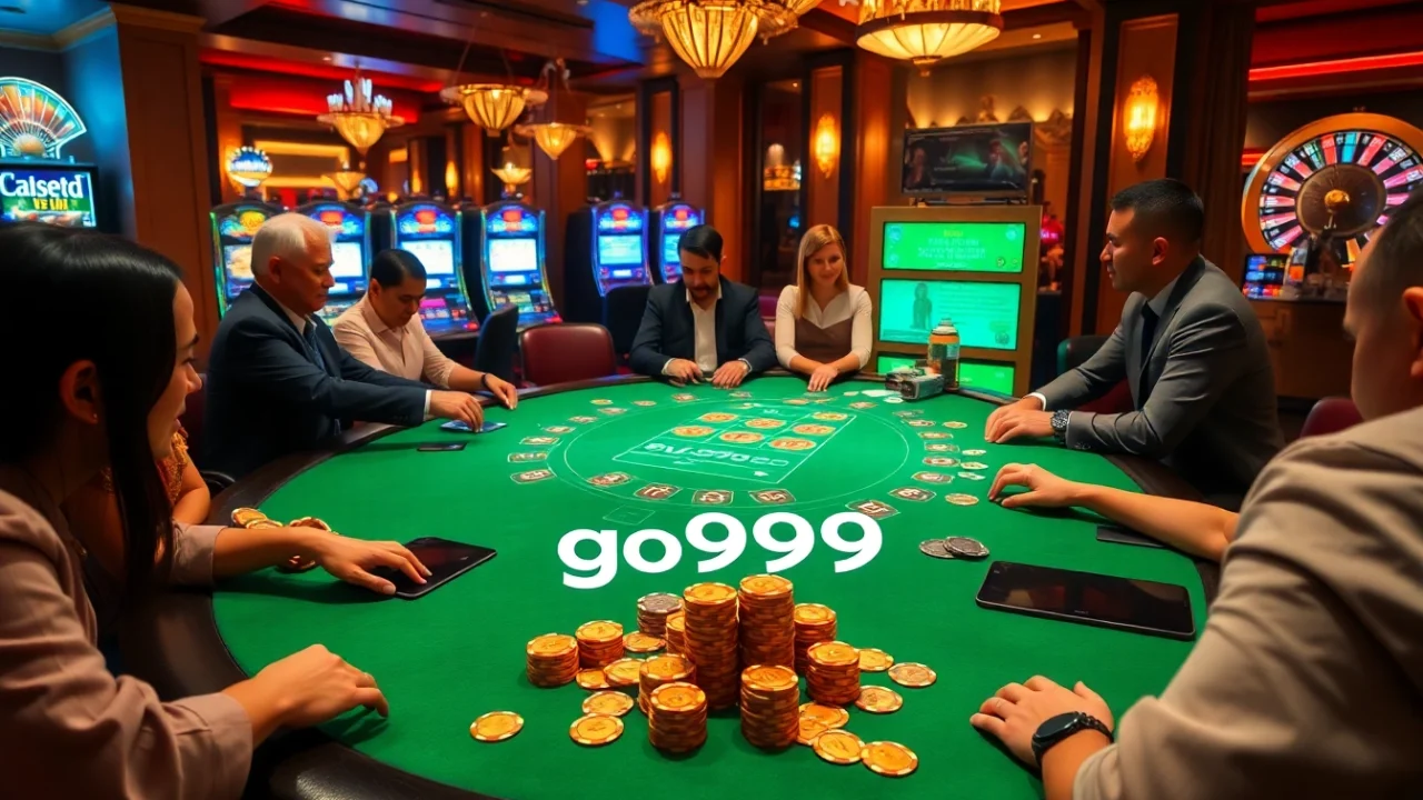 Players enjoy a thrilling blackjack game at go999 casino with vibrant poker chips and excitement.