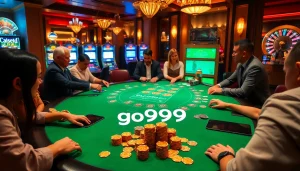 Players enjoy a thrilling blackjack game at go999 casino with vibrant poker chips and excitement.