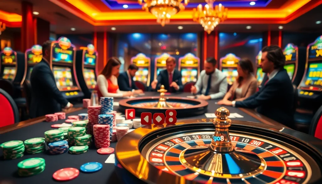 Experience thrilling gambling action at the go8 casino with vibrant tables, roulette, and enthusiastic players.